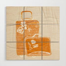 Block Pattern Suitcases with Travel Stickers in Orange Wood Wall Art