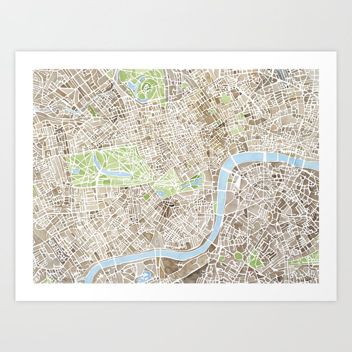 London Sepia watercolor map Art Print