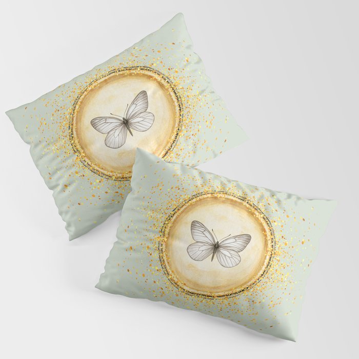 Hand-Drawn Butterfly Gold Circle Pendant on Apple Green Pillow Sham