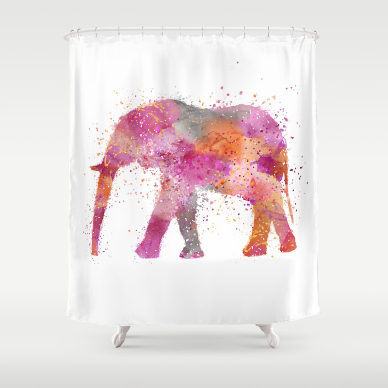 Artsy Watercolor Elephant Bright Orange, Pink Elephant Shower Curtain