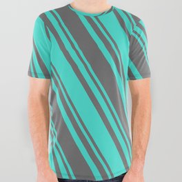 [ Thumbnail: Dim Gray and Turquoise Colored Stripes Pattern All Over Graphic Tee ]