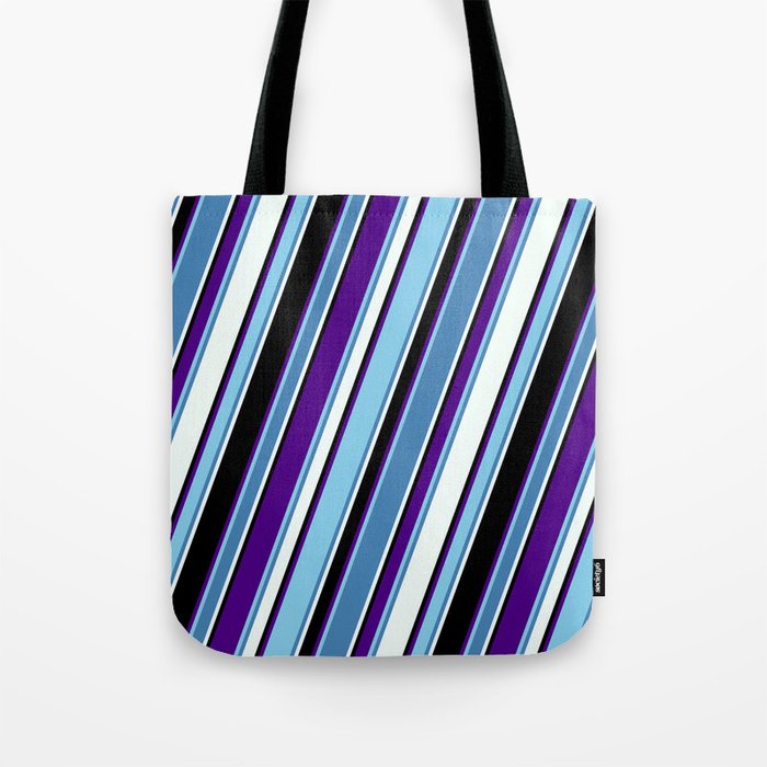 Colorful Indigo, Sky Blue, Blue, Mint Cream, and Black Colored Lines Pattern Tote Bag