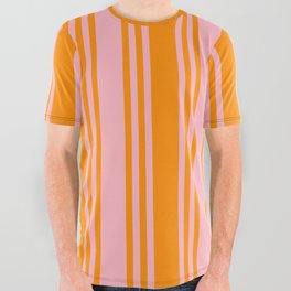[ Thumbnail: Light Pink and Dark Orange Colored Pattern of Stripes All Over Graphic Tee ]