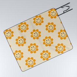 70s Retro Smiley Floral Face Pattern in yellow and beige Picnic Blanket