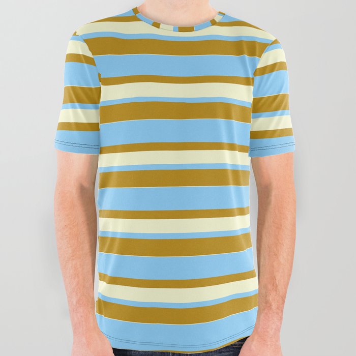 Light Sky Blue, Dark Goldenrod, and Light Yellow Colored Lined/Striped Pattern All Over Graphic Tee