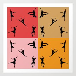 Ballet dancer figures in red, brown, orange, and pink background Art Print