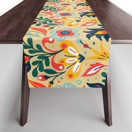 Colorful Floral Pattern On Beige Background Table Runner