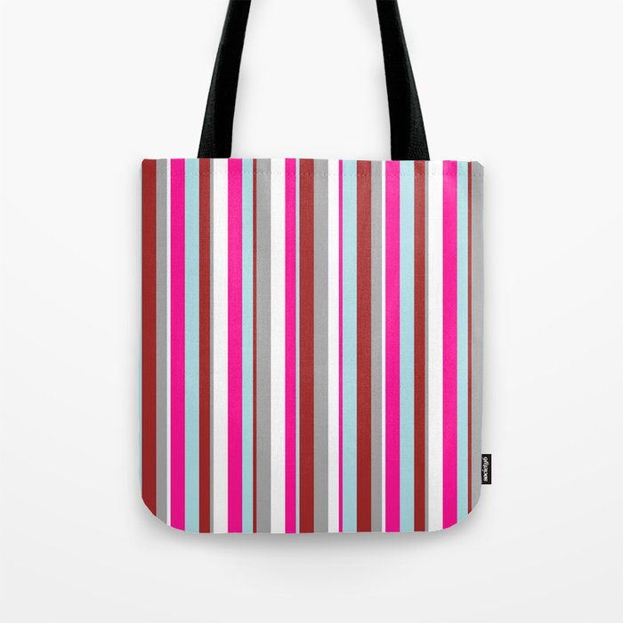 Eye-catching White, Dark Gray, Brown, Powder Blue & Deep Pink Colored Lines/Stripes Pattern Tote Bag
