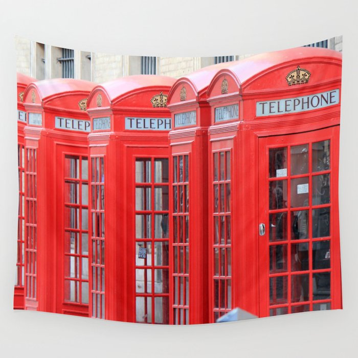 Great Britain Photography - Phone Booths Lined Up Beside Each Other Wall Tapestry