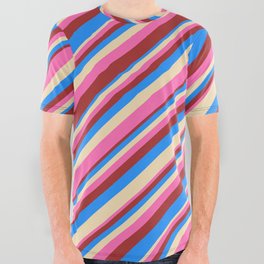 [ Thumbnail: Tan, Hot Pink, Brown & Blue Colored Striped Pattern All Over Graphic Tee ]
