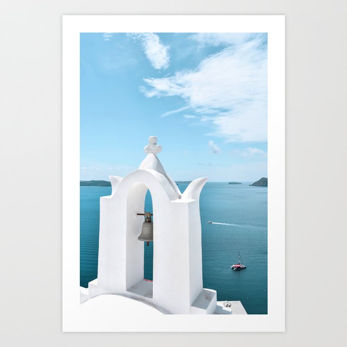 Blue and White Santorini Church Bell Tower, Caldera View in the Village of Oia, Travel Greece Art Print