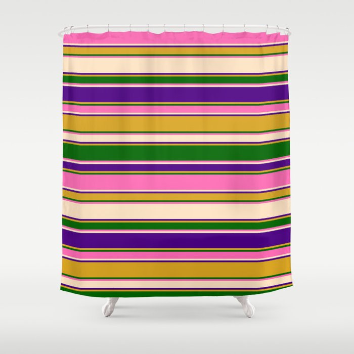 Eyecatching Goldenrod, Dark Green, Hot Pink, Bisque & Indigo Colored Striped/Lined Pattern Shower Curtain