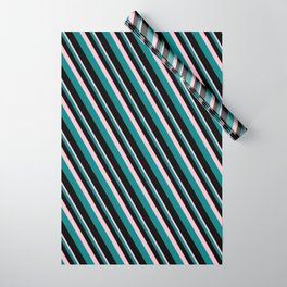 [ Thumbnail: Pink, Teal, and Black Colored Lined/Striped Pattern Wrapping Paper ]