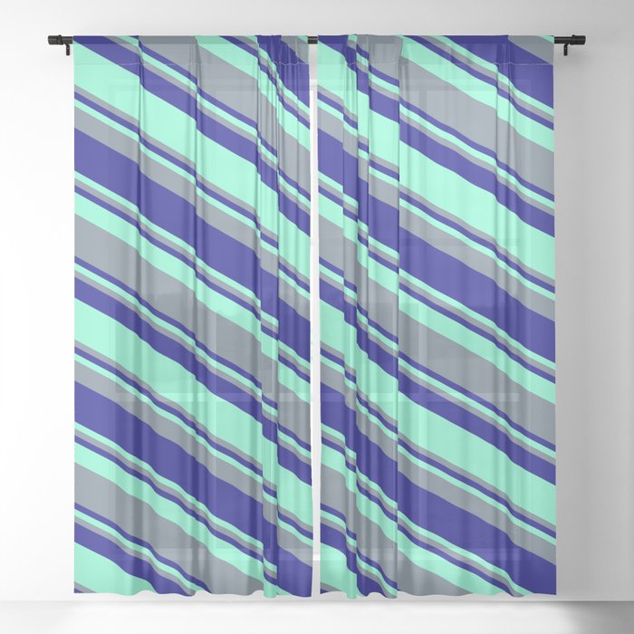Aquamarine, Slate Gray, and Blue Colored Pattern of Stripes Sheer Curtain