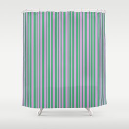 [ Thumbnail: Sea Green and Plum Colored Pattern of Stripes Shower Curtain ]