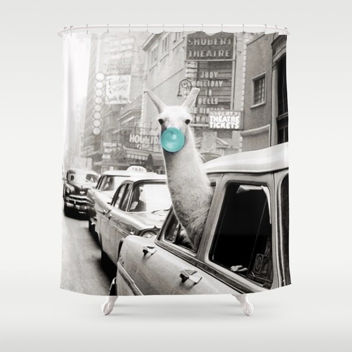 Mint Green Bubble Gum Llama taking a New York Taxi black and white photograph Shower Curtain