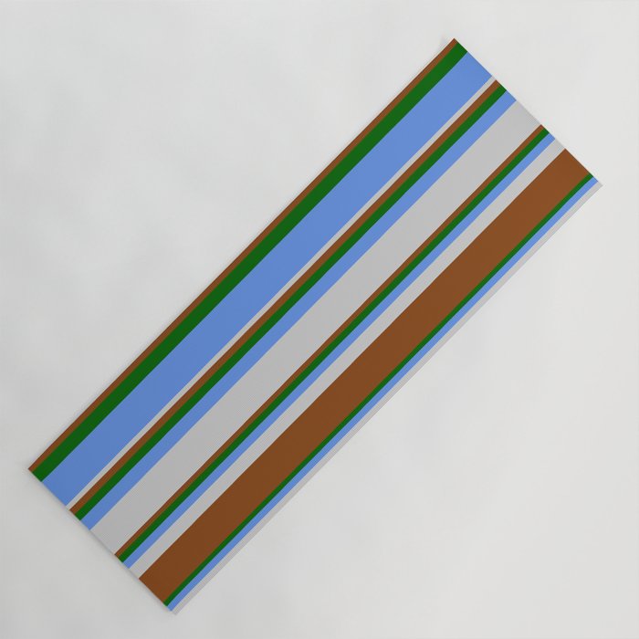 Cornflower Blue, Light Grey, Brown & Dark Green Colored Pattern of Stripes Yoga Mat