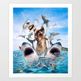 Cat Riding Sharks Art Print