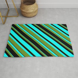 [ Thumbnail: Green, Black, and Aqua Colored Lined Pattern Rug ]