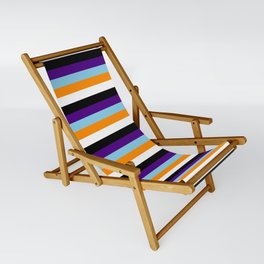 [ Thumbnail: Eyecatching Indigo, Sky Blue, Dark Orange, White, and Black Colored Lined/Striped Pattern Sling Chair ]