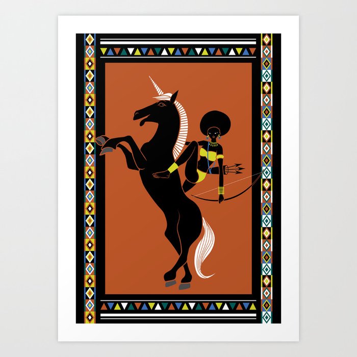 Black unicorn and African female warrior Art Print