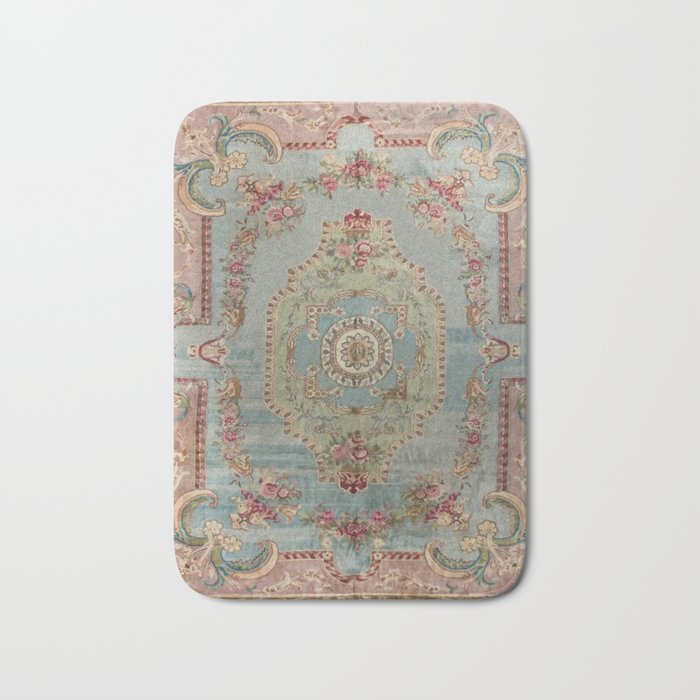 Antique French Rose Blue Aubusson  Bath Mat