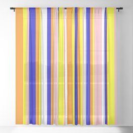 [ Thumbnail: Eye-catching Dark Orange, Blue, White, Light Pink, and Yellow Colored Stripes Pattern Sheer Curtain ]