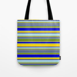 [ Thumbnail: Colorful Powder Blue, Green, Yellow, Slate Gray & Blue Colored Striped Pattern Tote Bag ]