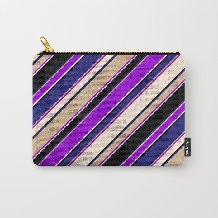 Eye-catching Tan, Dark Violet, Beige, Black, and Midnight Blue Colored Lined/Striped Pattern Carry-All Pouch