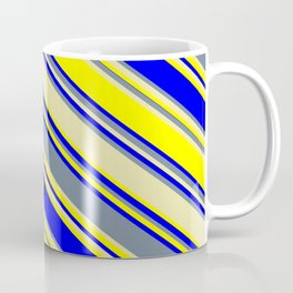 [ Thumbnail: Light Slate Gray, Pale Goldenrod, Yellow, and Blue Colored Striped Pattern Coffee Mug ]
