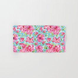 Pink Hibiscus and Leaves on Light Blue Hand & Bath Towel