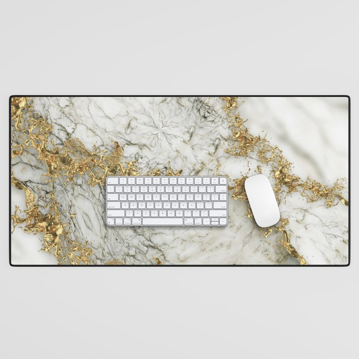 White Marble Gold Splatter Abstract Desk Mat