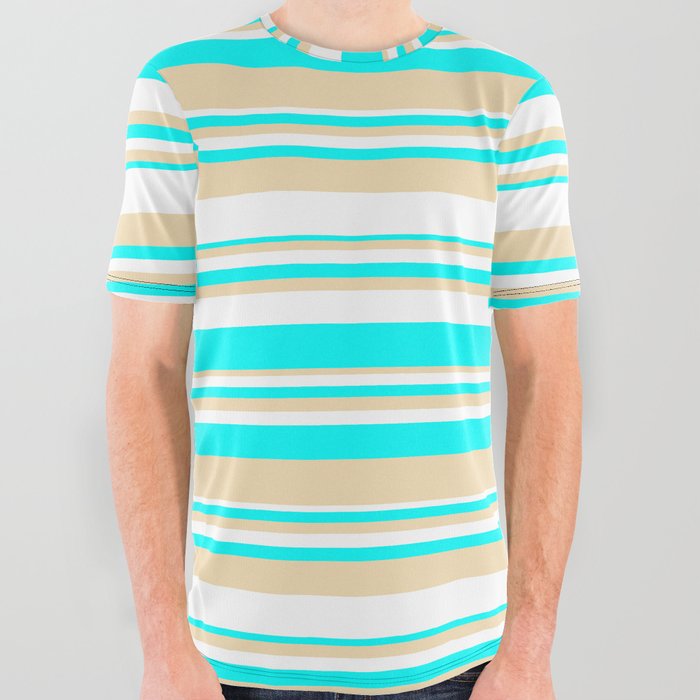 White, Aqua & Tan Colored Striped/Lined Pattern All Over Graphic Tee