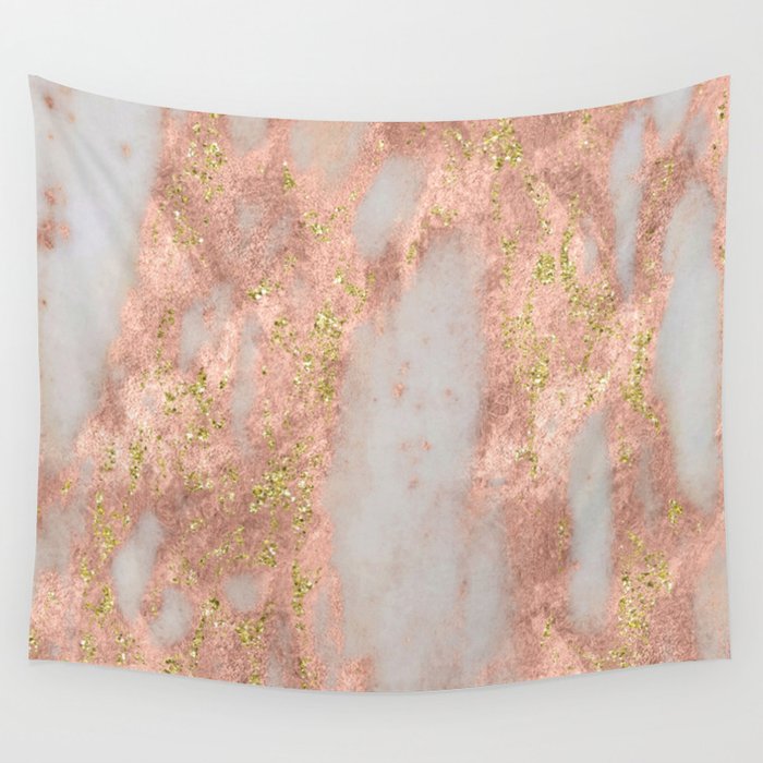 Rose Gold Marble with Yellow Gold Glitter Wall Tapestry
