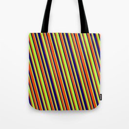 [ Thumbnail: Red, Blue & Light Green Colored Lines Pattern Tote Bag ]