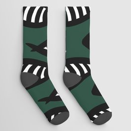 Abstract black and white fish pattern Pine green Socks