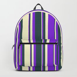[ Thumbnail: Dark Slate Gray, Light Yellow, and Purple Colored Lines/Stripes Pattern Backpack ]