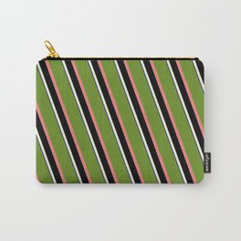 [ Thumbnail: Eyecatching Green, Light Coral, Black, Beige, and Dark Blue Colored Lined/Striped Pattern Carry-All Pouch ]