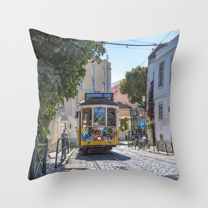 Tram in Lisbon, Portugal - vintage cable car summer - street and travel photography Throw Pillow