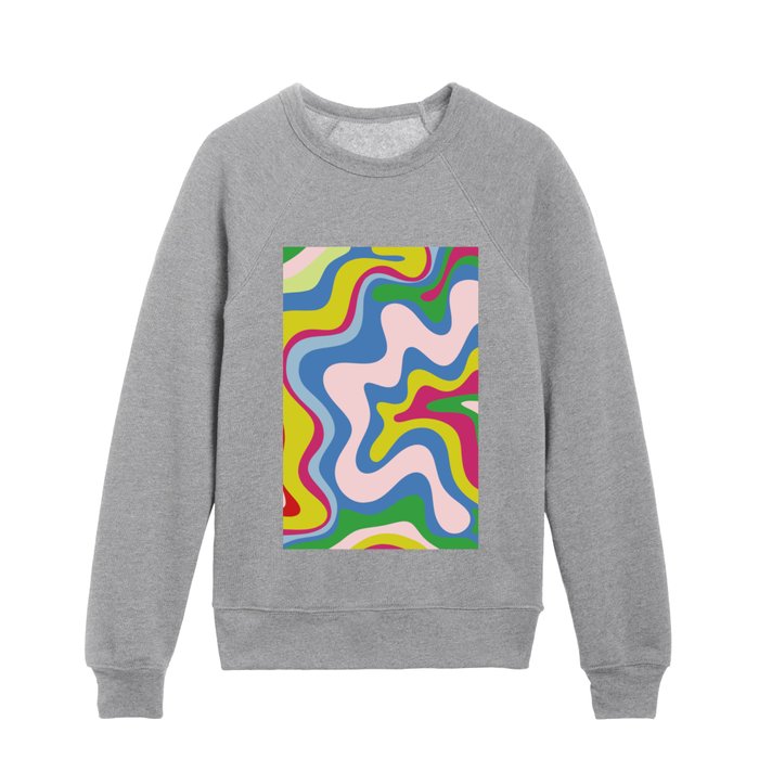 Retro Liquid Swirl Colorful Abstract Pattern in Spring Blue Pink Magenta Green Chartreuse Kids Crewneck