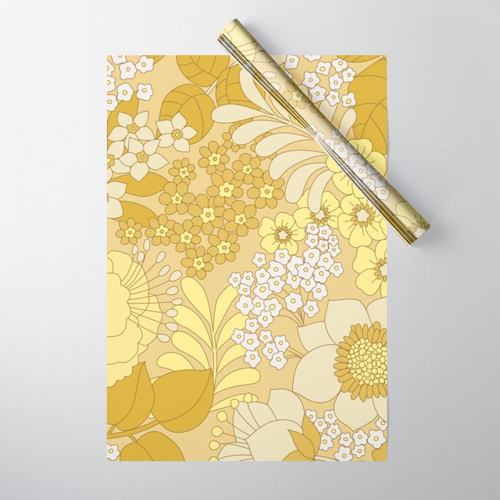 Yellow, Ivory & Brown Retro Floral Pattern Wrapping Paper