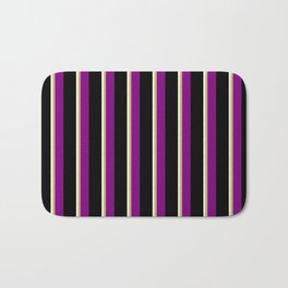 [ Thumbnail: Beige, Dark Khaki, Purple & Black Colored Stripes Pattern Bath Mat ]