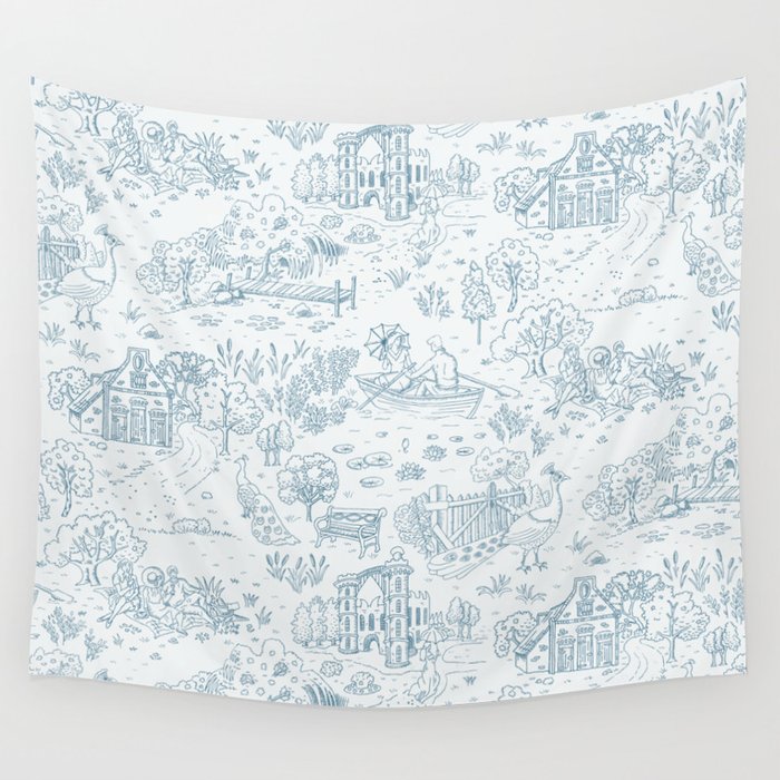 peacock island toile de jouy | teal blue on gray Wall Tapestry