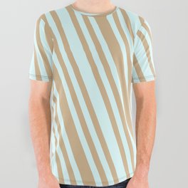 [ Thumbnail: Light Cyan & Tan Colored Striped Pattern All Over Graphic Tee ]