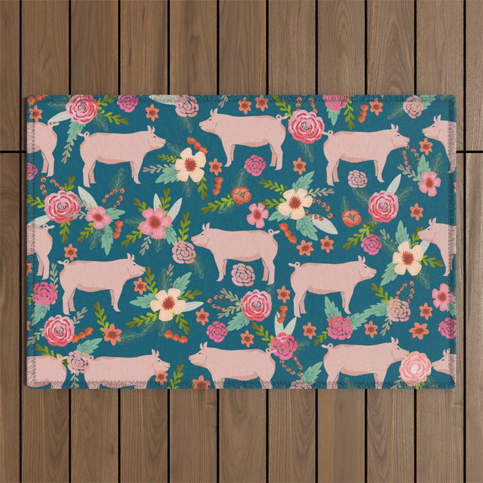 Pig florals farm homesteader pigs cute farms animals floral gifts Outdoor Rug