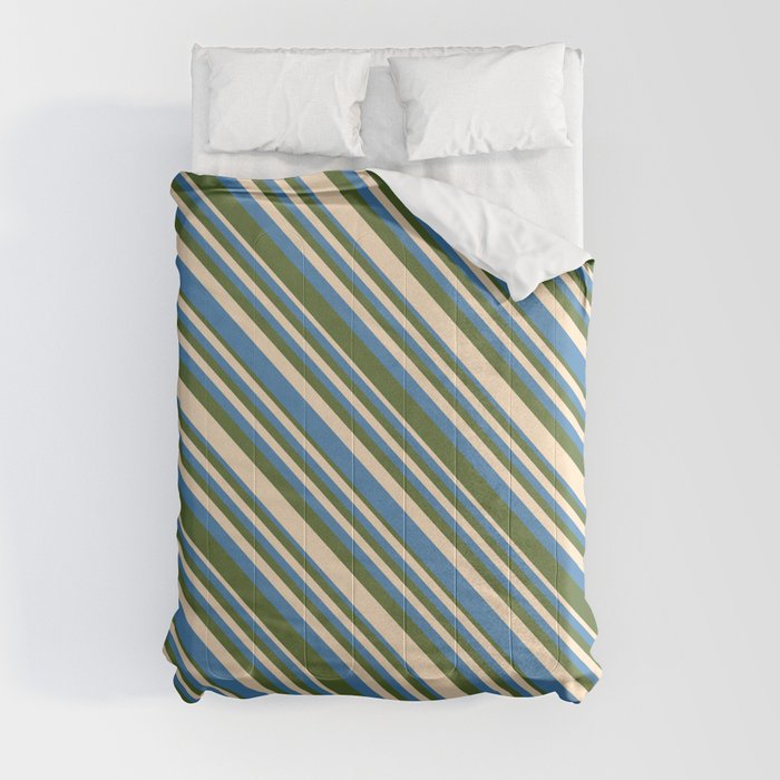 Bisque, Blue, and Dark Olive Green Colored Lines/Stripes Pattern Comforter