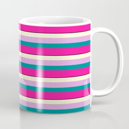 [ Thumbnail: Colorful Light Yellow, Plum, Dark Cyan, Deep Pink & Black Colored Lined Pattern Coffee Mug ]