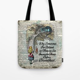 Vintage Alice in Wonderland and Cheshire cat dictionary art background Tote Bag