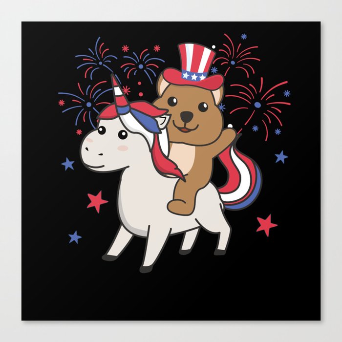 Quokka With Unicorn For Fourth Of July Fireworks Canvas Print