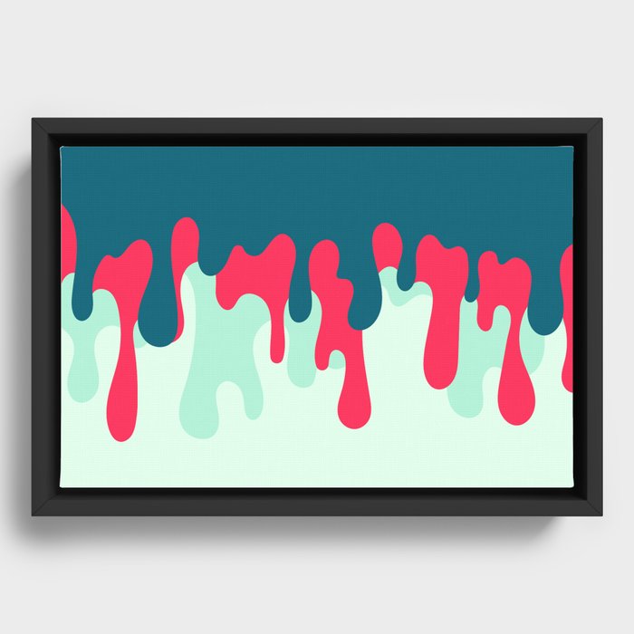 Tropical Blues and Red-Pink Drip Painting On A Canvas, Minimalist Abstract Art Framed Canvas